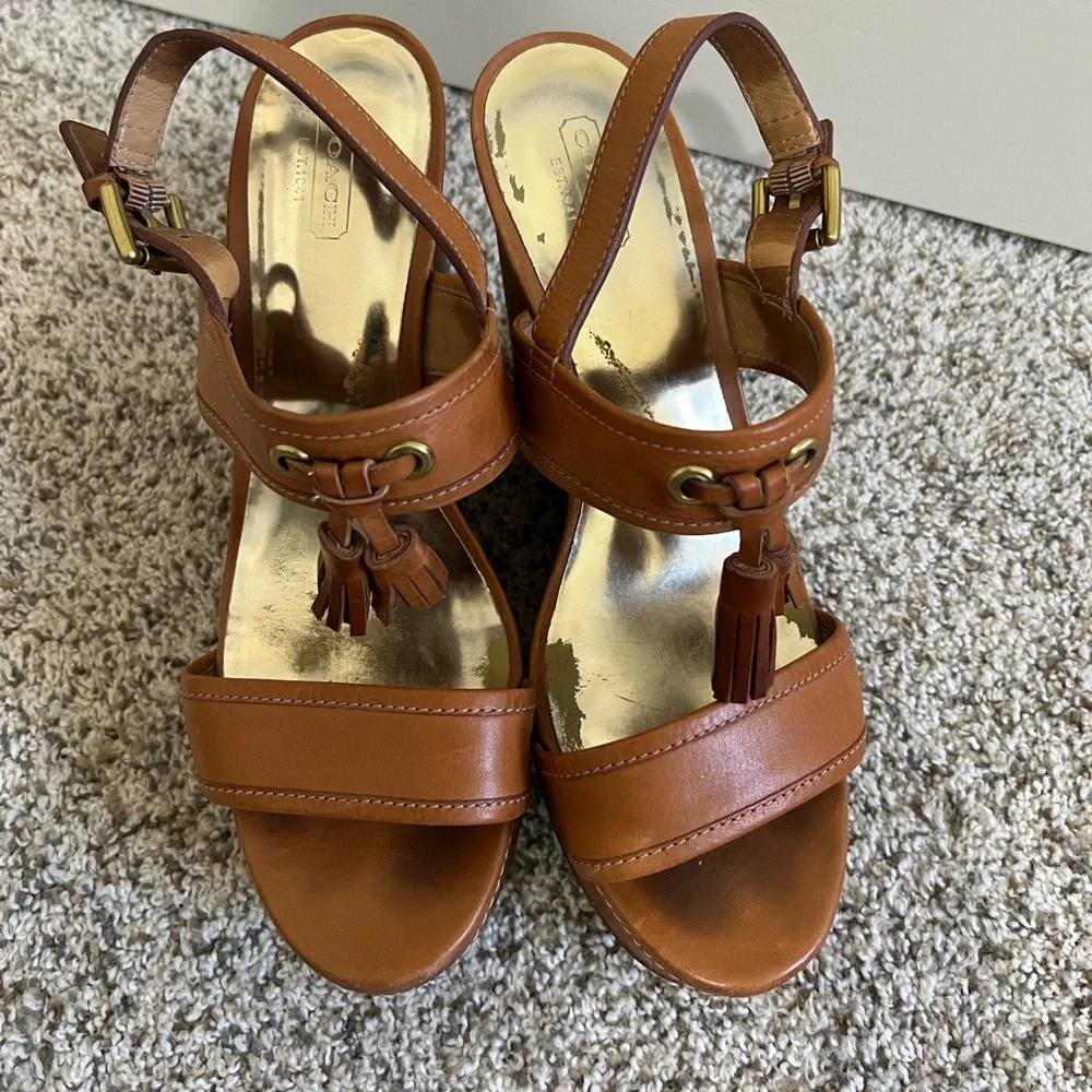 Women's Tan Tassel Cork Wedge Sandals - Picture 2 of 6